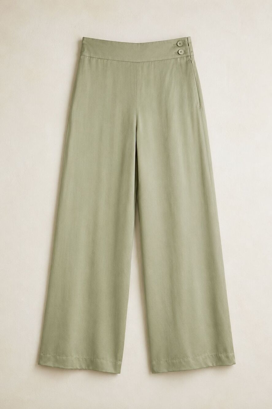 100% Silk Wide Leg Pants Women’s Sage Green Petite Coastal Minimalist - Picture 2 of 16